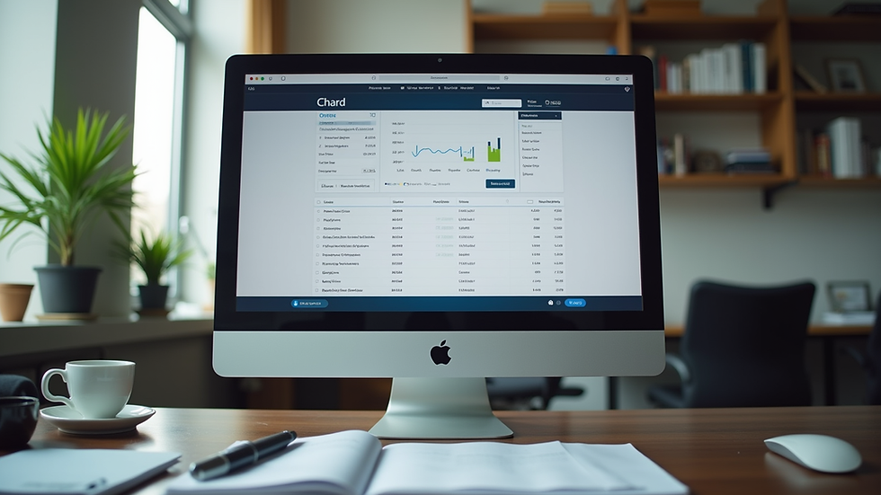 Eye-level view of a law firm office with a computer displaying payroll software