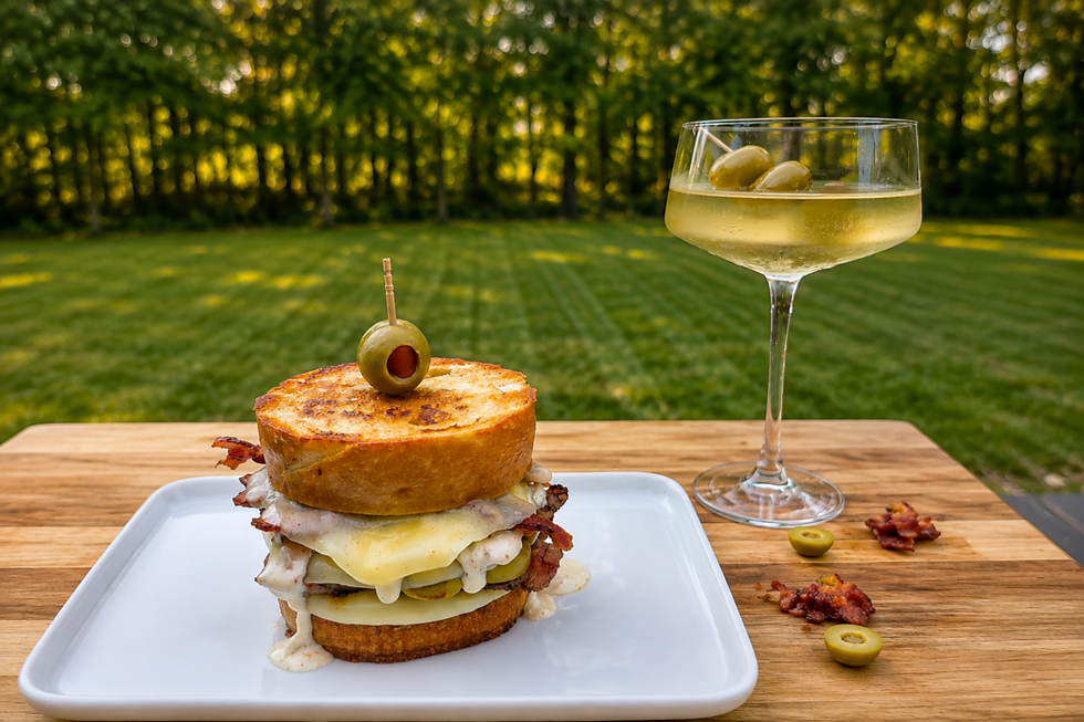 Blackstone Dirty Martini steak melt with sirloin steak, bacon, provolone and green olives on a cutting board beside a dirty martini.