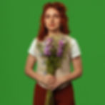 comedienne Ania Magliano, a young white woman with red hair, holding a bouquet of a type of flowers with a green background.