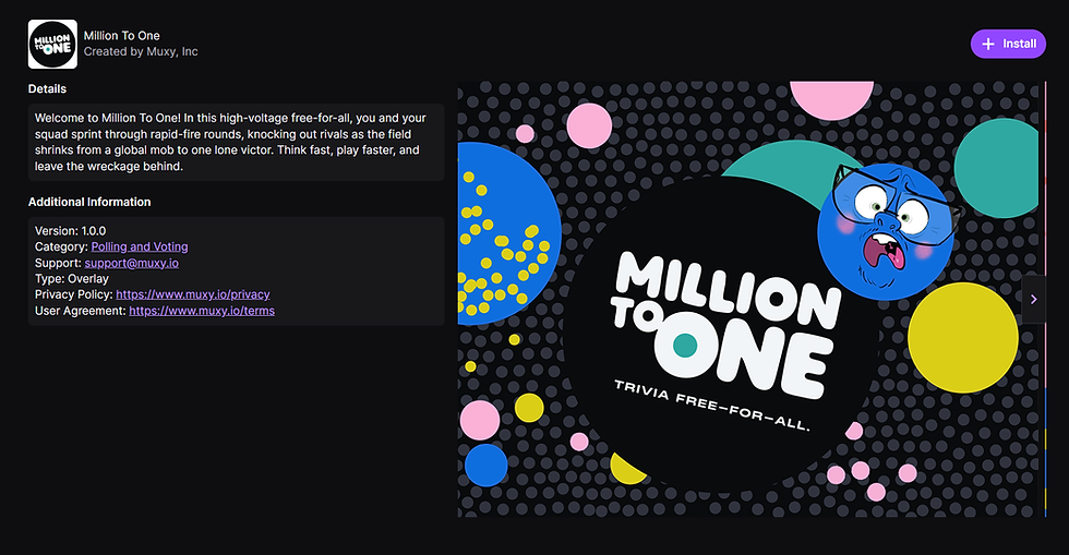 Image of the Million to One Twitch extension page featuring a quick description of the game abd featured images.