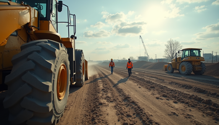 Eye-level view of a construction site with heavy equipment and workers