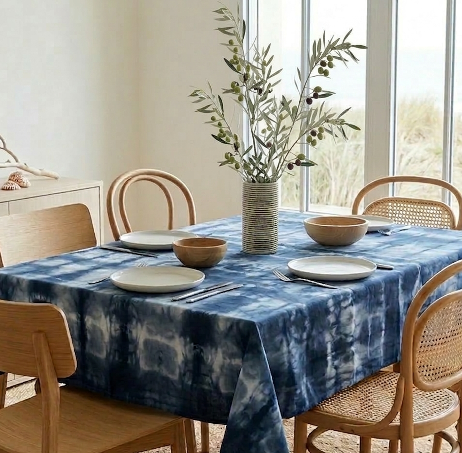 CESARIA nappe artisanale shibori indigo ambiance bord de mer