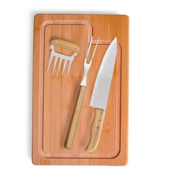 Kit Para Churrasco Em Bambu / Madeira / Inox - 4 Pçs