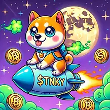 A vibrant and playful illustration of Stinky the Doge, a mischievous Shiba Inu wearing his signature red bandana. Each pictur