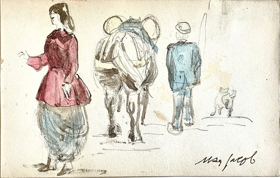 Miniature : Max Jacob (1876-1944), scène rurale bretonne, aquarelle/papier,signée, ca 1925