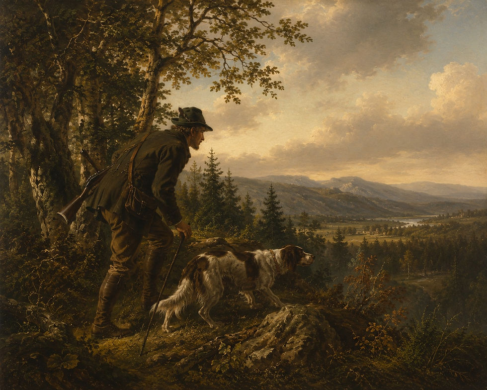 Jagd: Jäger mit Hund auf der Pirsch
