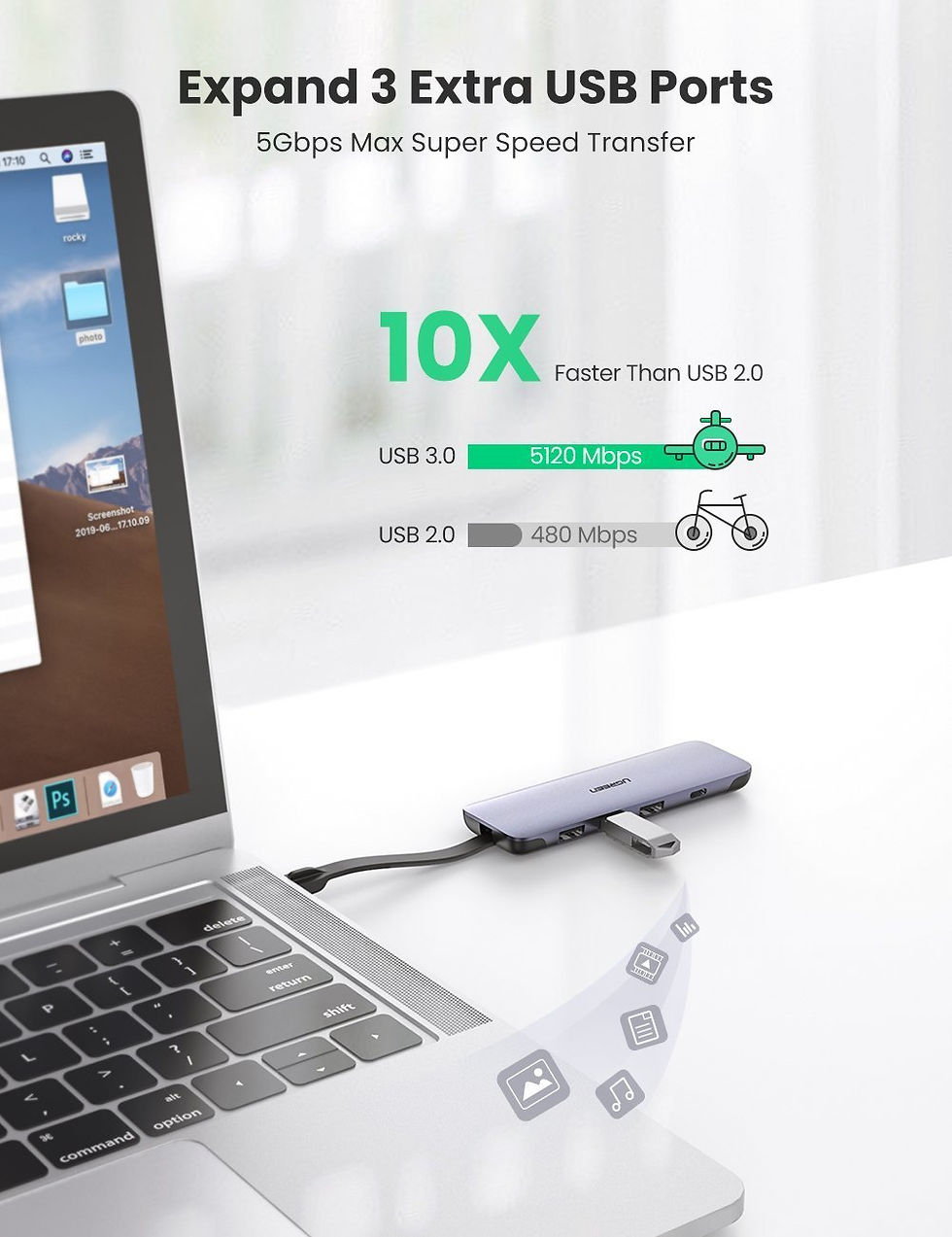 ภาพขนาดย่อ: UGREEN 70408 USB C Hub Aluminum 5-in-1 Type C OTG Hub Multiport Adapter USB 3.0