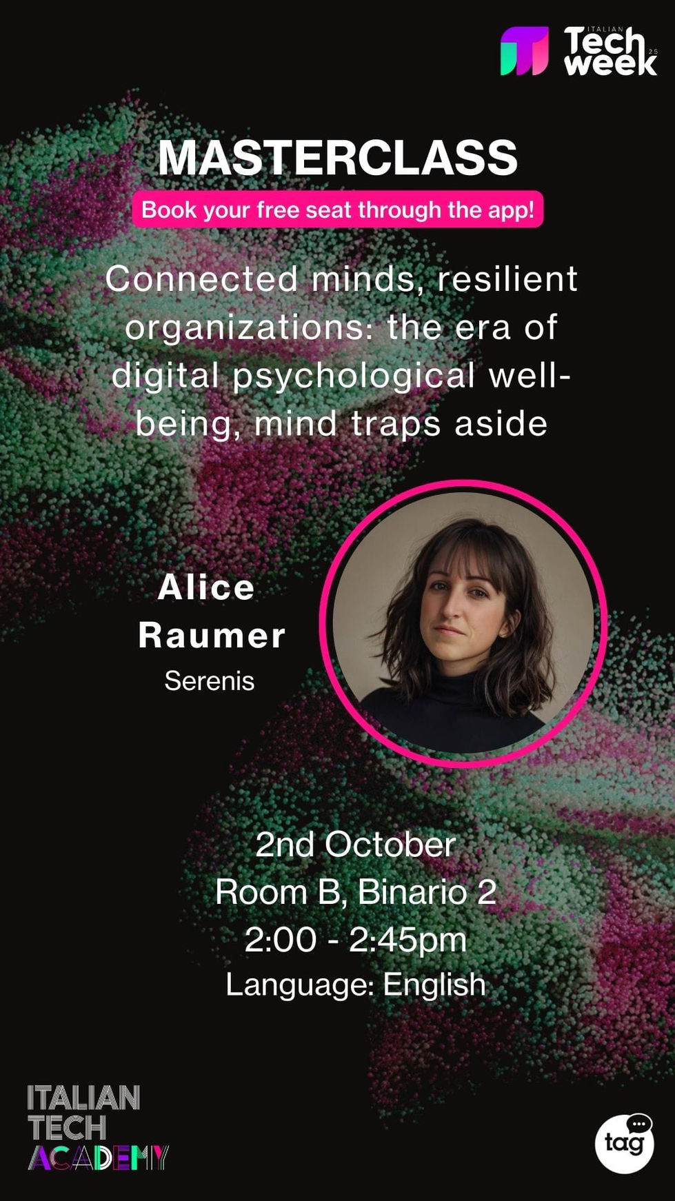 Masterclass di Alice Raumer Un intervento in inglese su wellbeing digitale, trappole mentali e resilienza organizzativa.