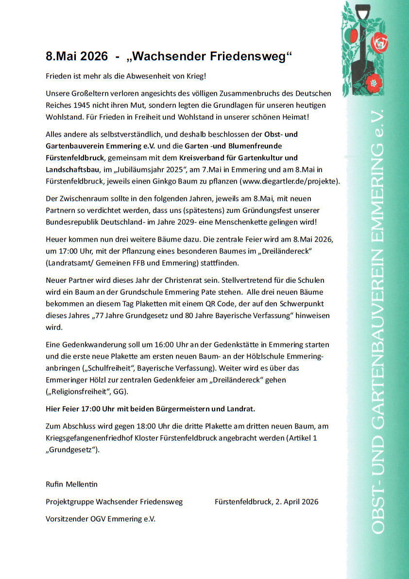 Ankündigung: Feier „Wachsender Friedensweg“ am 8.Mai 2026