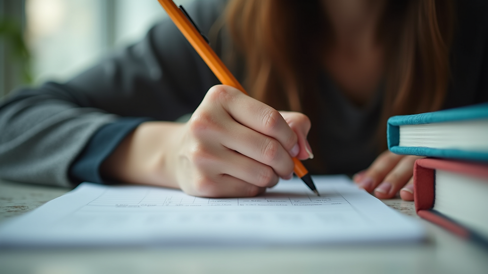 Close-up view of a student studying with science textbooks and notes