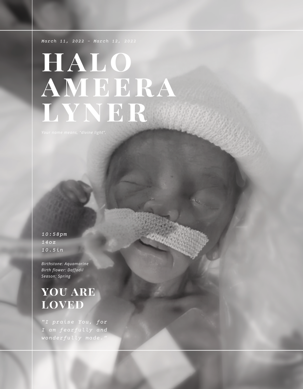 Micropreemie girl in the NICU wearing a hat