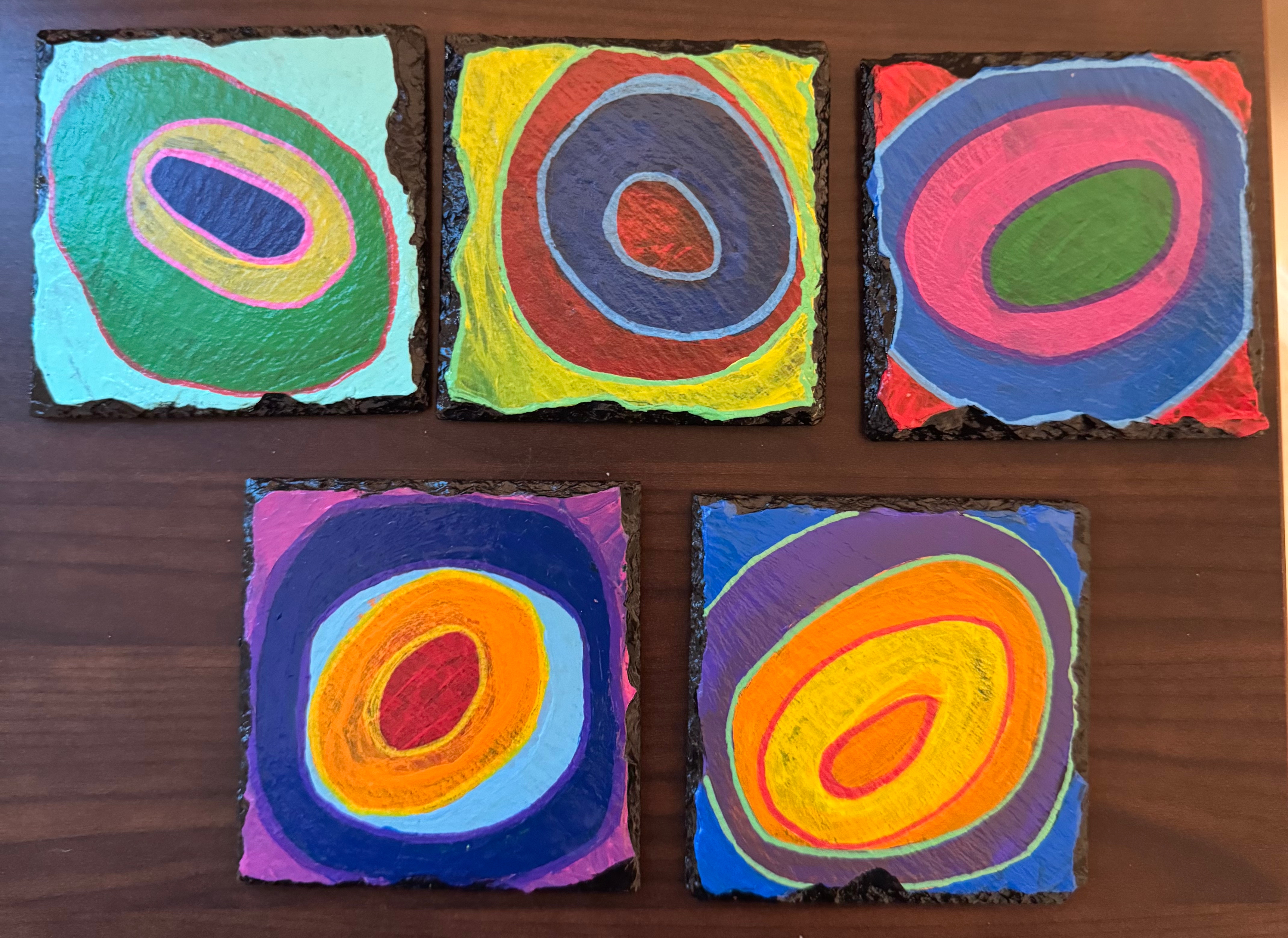 Slate Coasters Painted with Kandinsky style circles