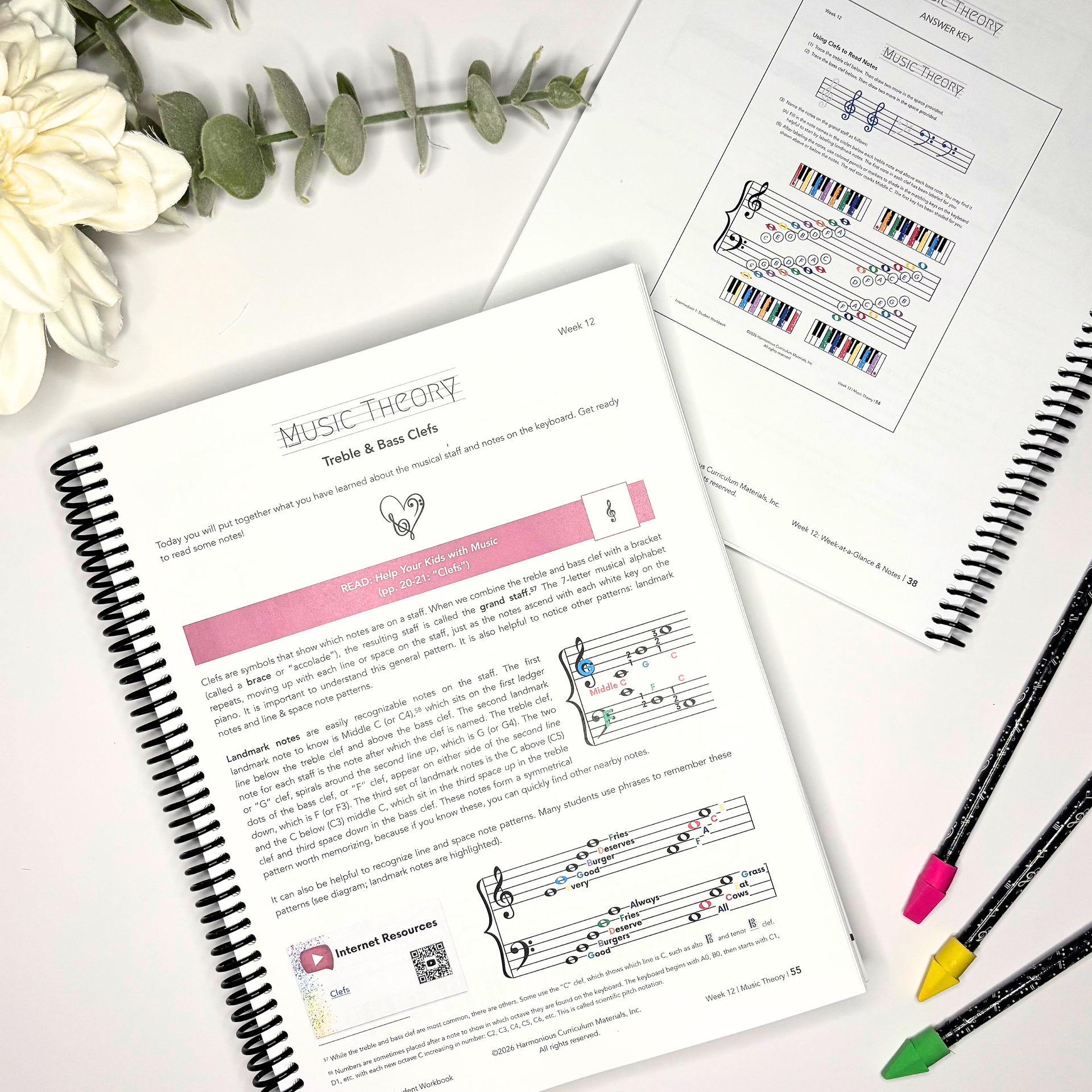 Music Theory Pages with flowers and pencils