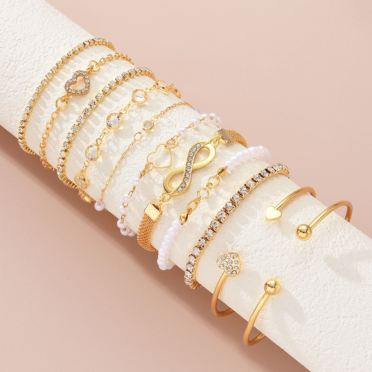 "Golden Whisper" – 11-Piece Boho Pearl & Crystal Heart Infinity Bracelet Set