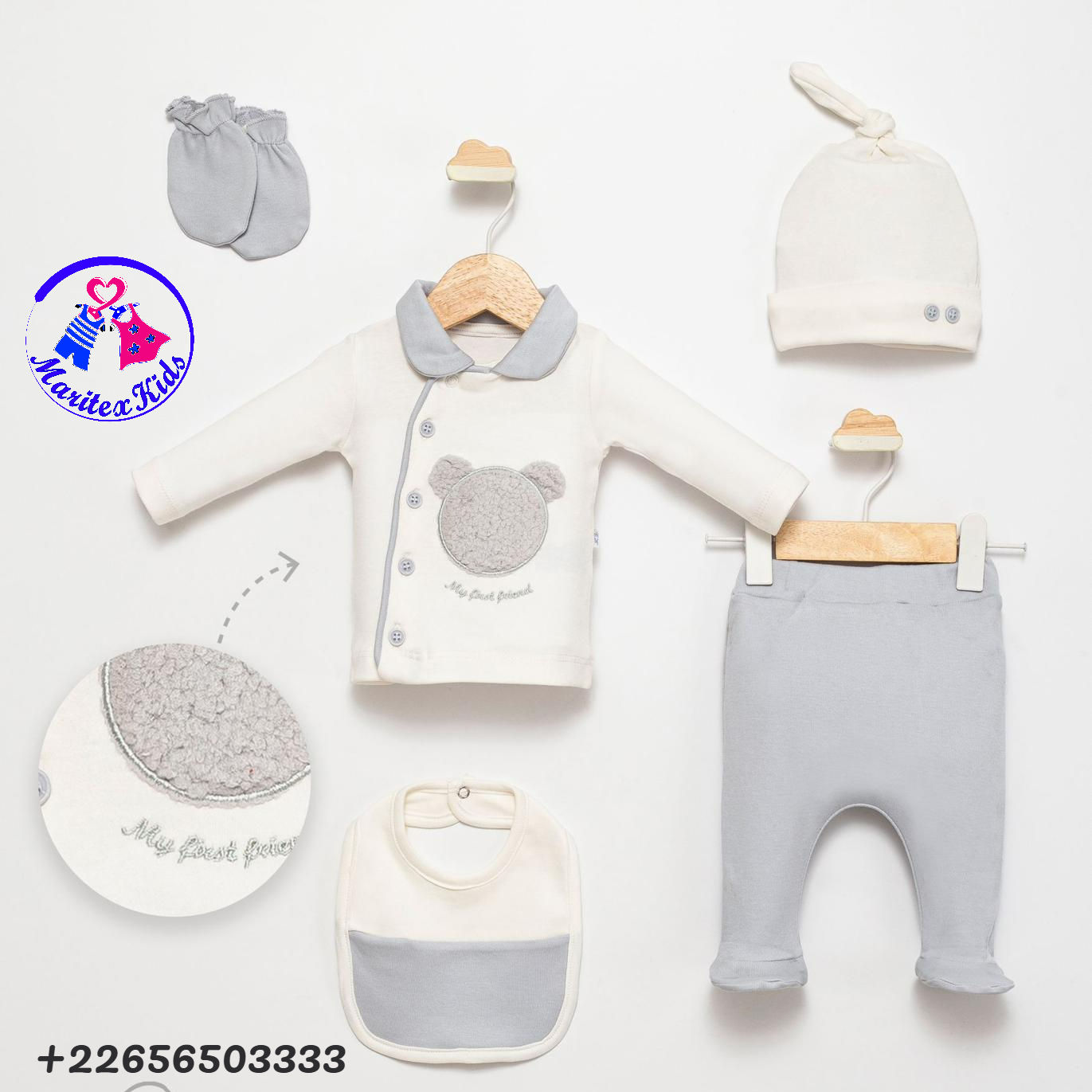 Ensemble naissance 5 pièces - Gris & Écru