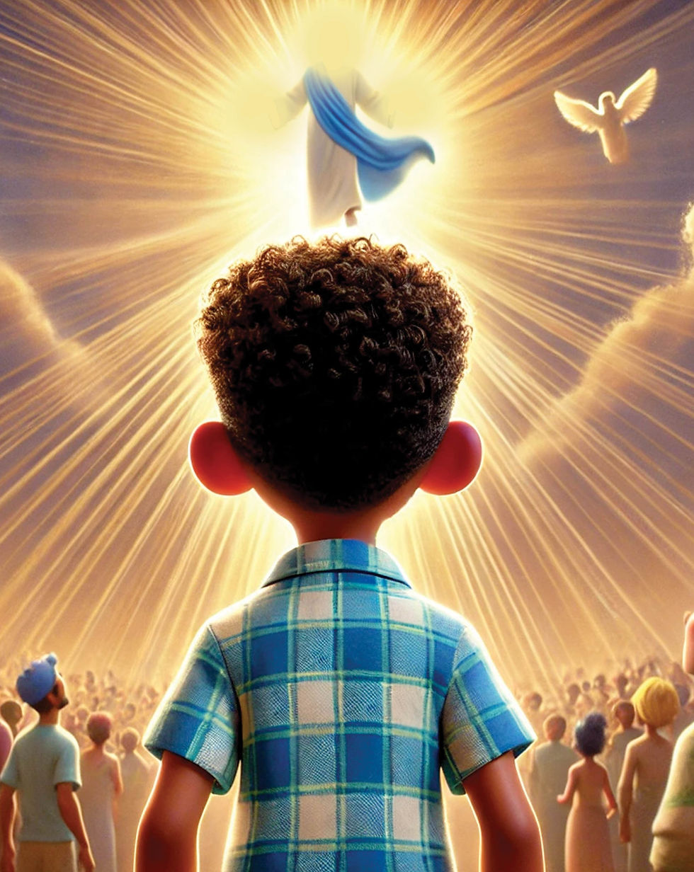Child looking up to Jesus returning