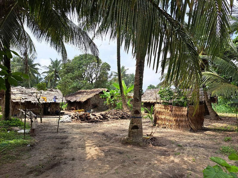 Wide angle view of a remote village surrounded by mountains