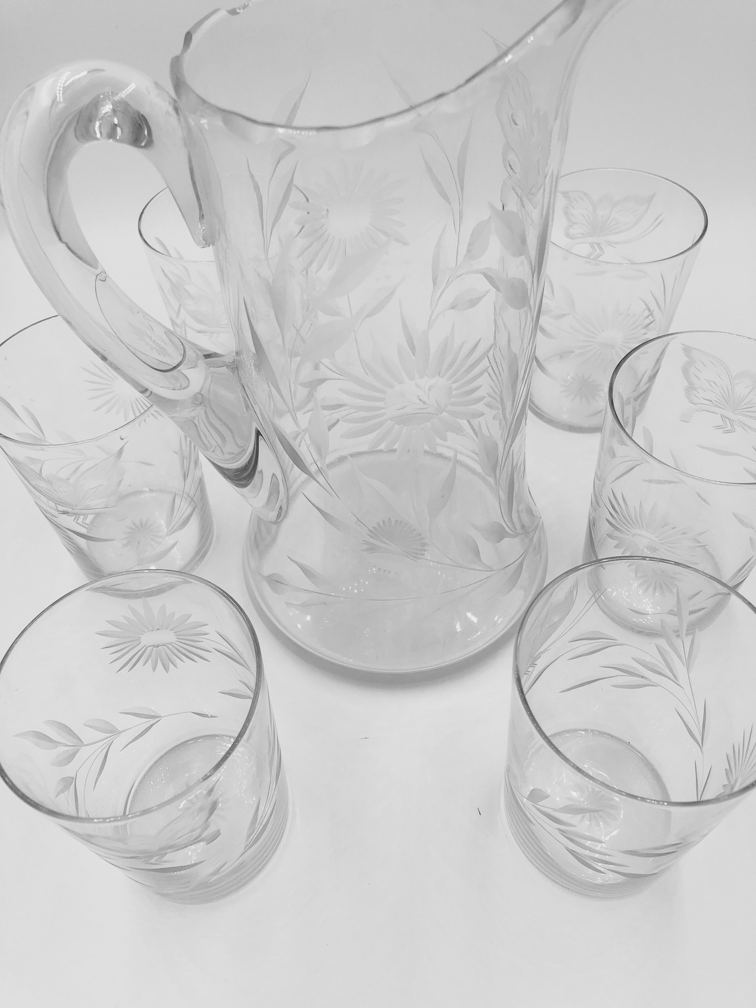 Victorian Etched Pitcher & Glasses (6)