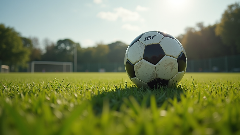Eye-level view of a soccer ball on a grass field