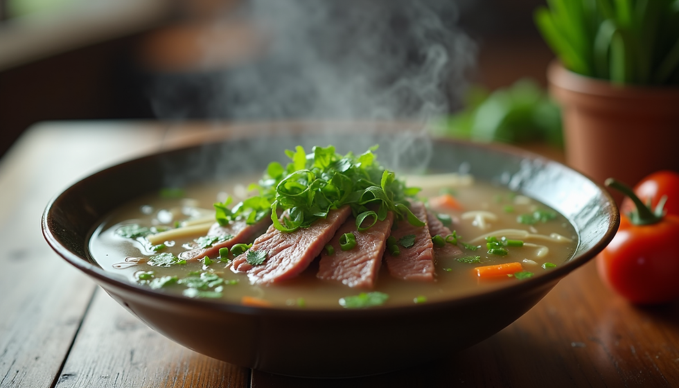 Eye-level view of a bowl of Pho with fresh herbs and beef slices