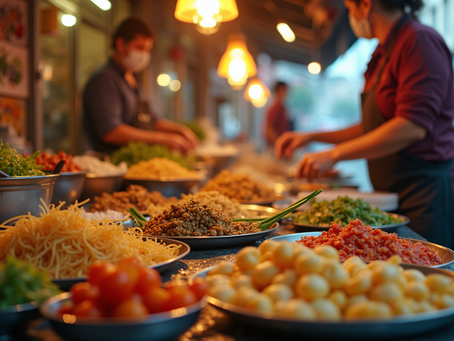 Eye-level view of a vibrant Vietnamese street food stall with colorful dishes