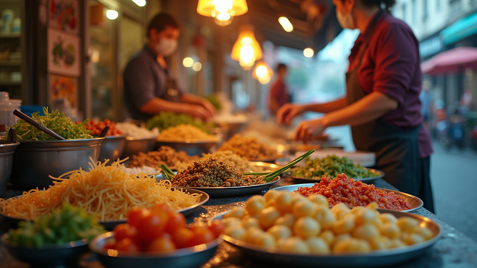 Eye-level view of a vibrant Vietnamese street food stall with colorful dishes