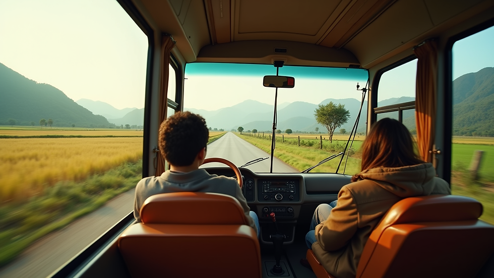 High angle view of a comfortable tour bus driving through a scenic Vietnamese countryside