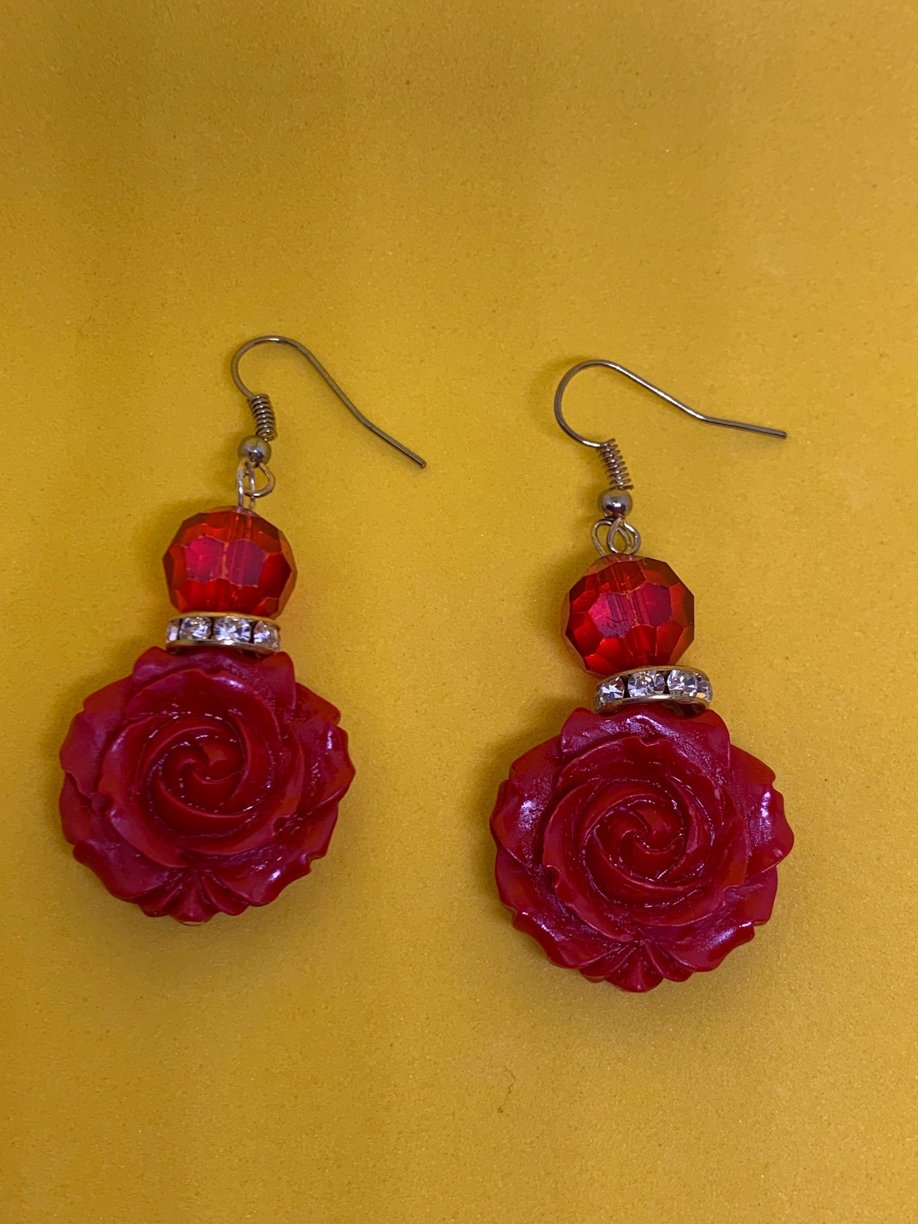 Dangled  Sparkling Rose Earrings - Red