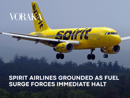 Bright yellow Spirit Airlines aircraft descending for landing with landing gear deployed, set against a muted sky and tree-lined landscape below.