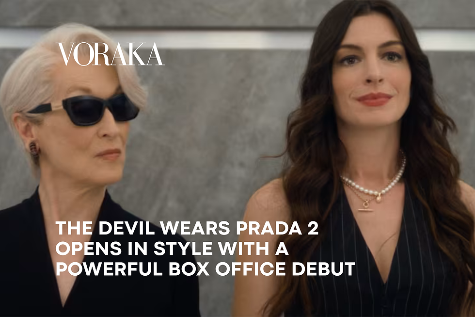 Promotional image for "The Devil Wears Prada 2" featuring Meryl Streep in sunglasses and Anne Hathaway with long dark hair and a pearl necklace. The text overlay reads: "VORAKA: THE DEVIL WEARS PRADA 2 OPENS IN STYLE WITH A POWERFUL BOX OFFICE DEBUT."