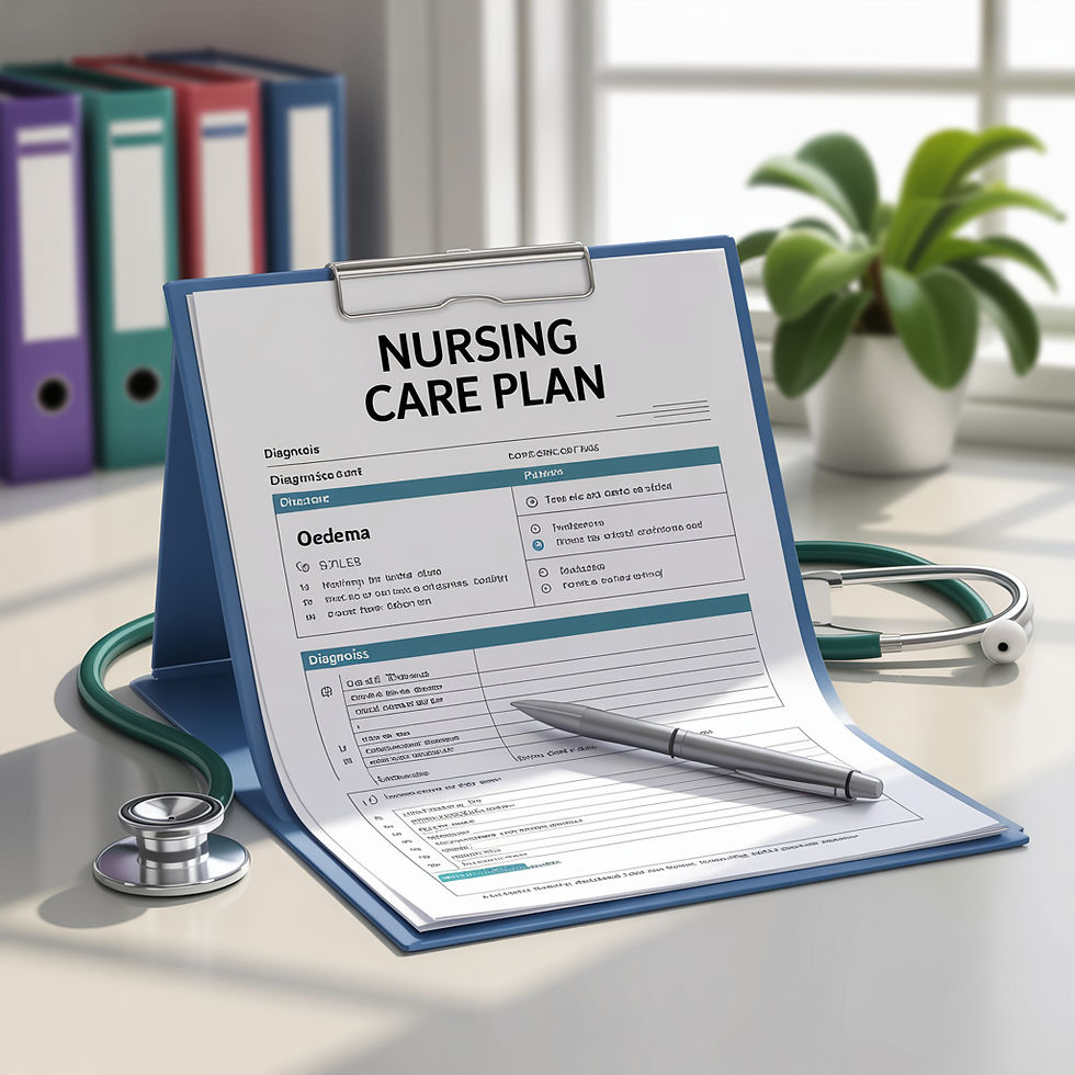 A nursing care plan on a clipboard sits on a desk with a pen and stethoscope. The scene is well-lit, conveying a...
