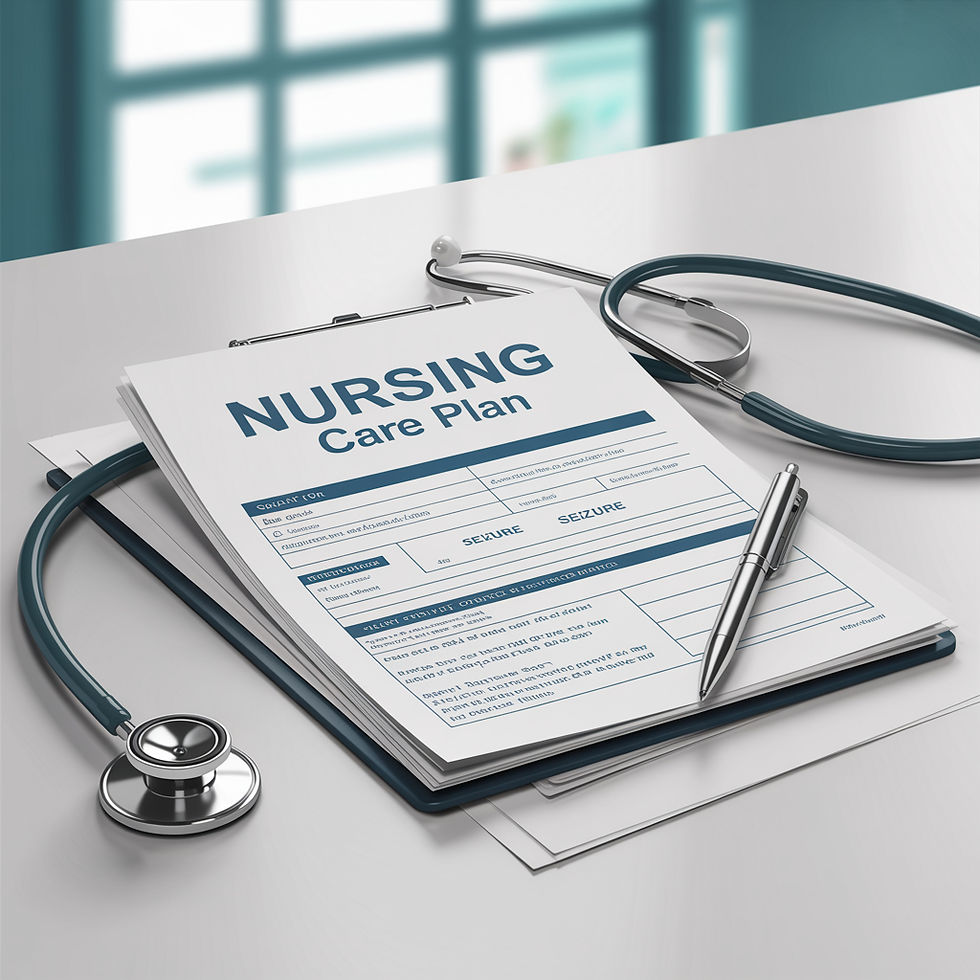 A printed nursing care plan on a clipboard, accompanied by a stethoscope and pen on a white desk. The scene conveys...