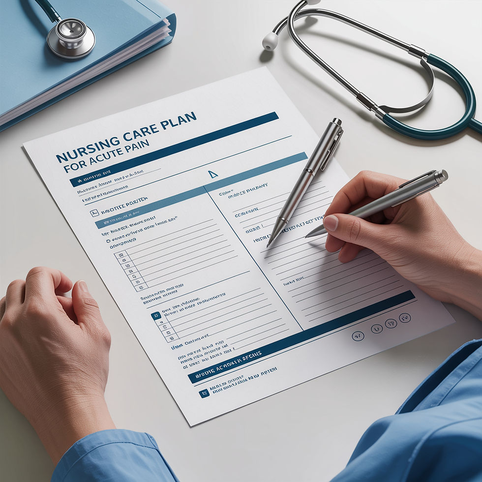 A nurse in blue scrubs fills out a nursing care plan for acute pain. A stethoscope and clipboard are nearby on a white desk..