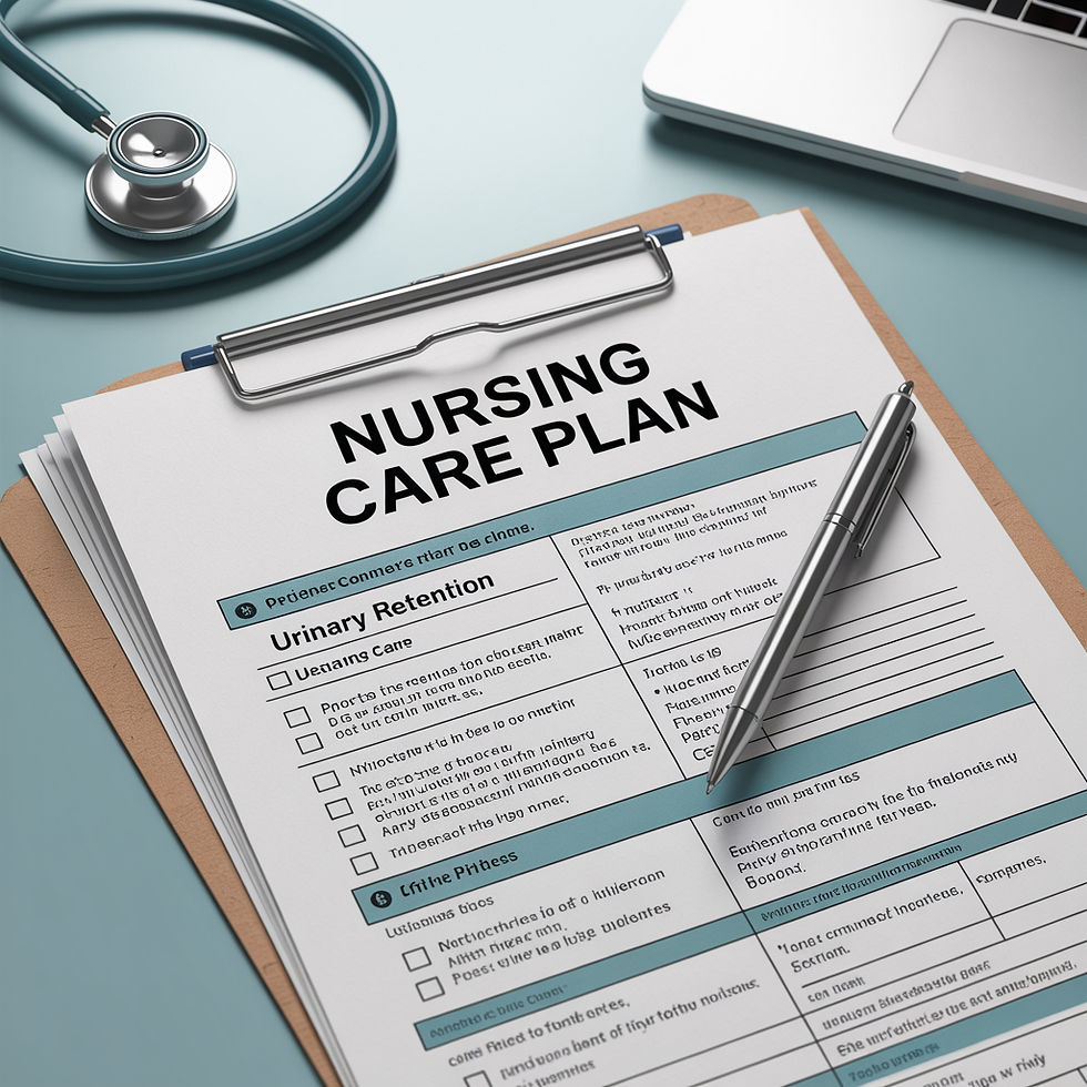 A nursing care plan on a clipboard with a pen, stethoscope, and laptop on a desk. The form highlights "Urinary Retention," ..