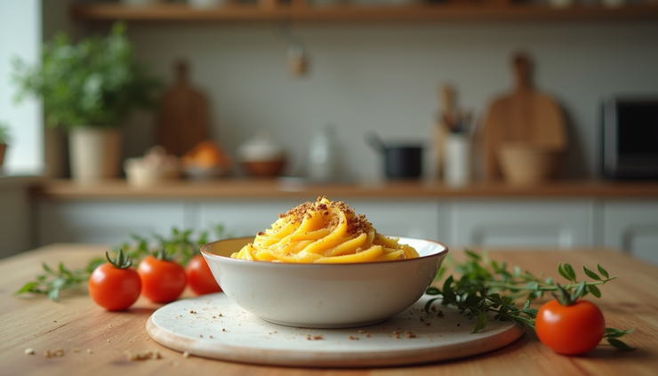 Eye-level view of a colorful bowl with soft pureed food on a kitchen table