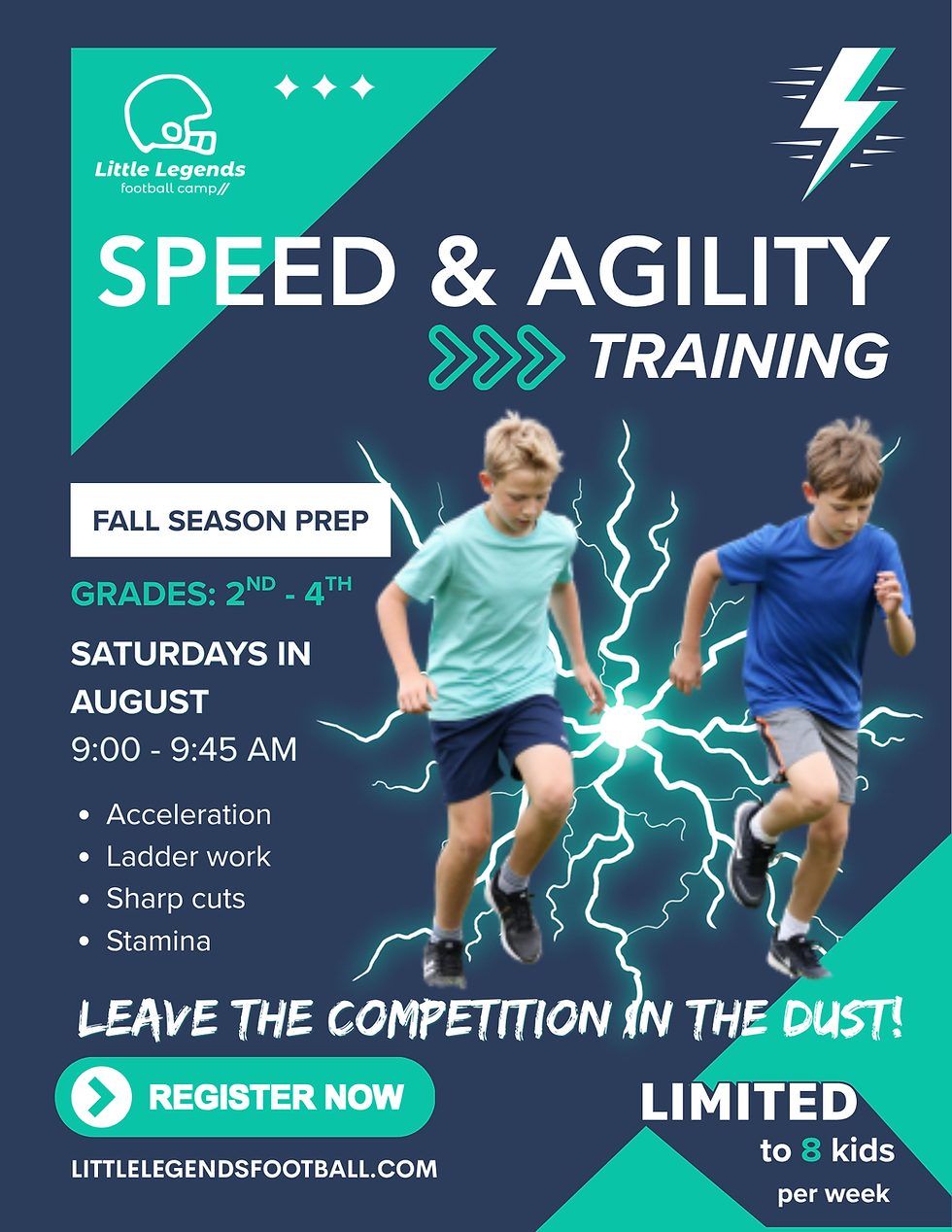 Poster for Little Legends football camp showing two boys sprinting on a navy-and-teal background with Speed & Agility Training text.