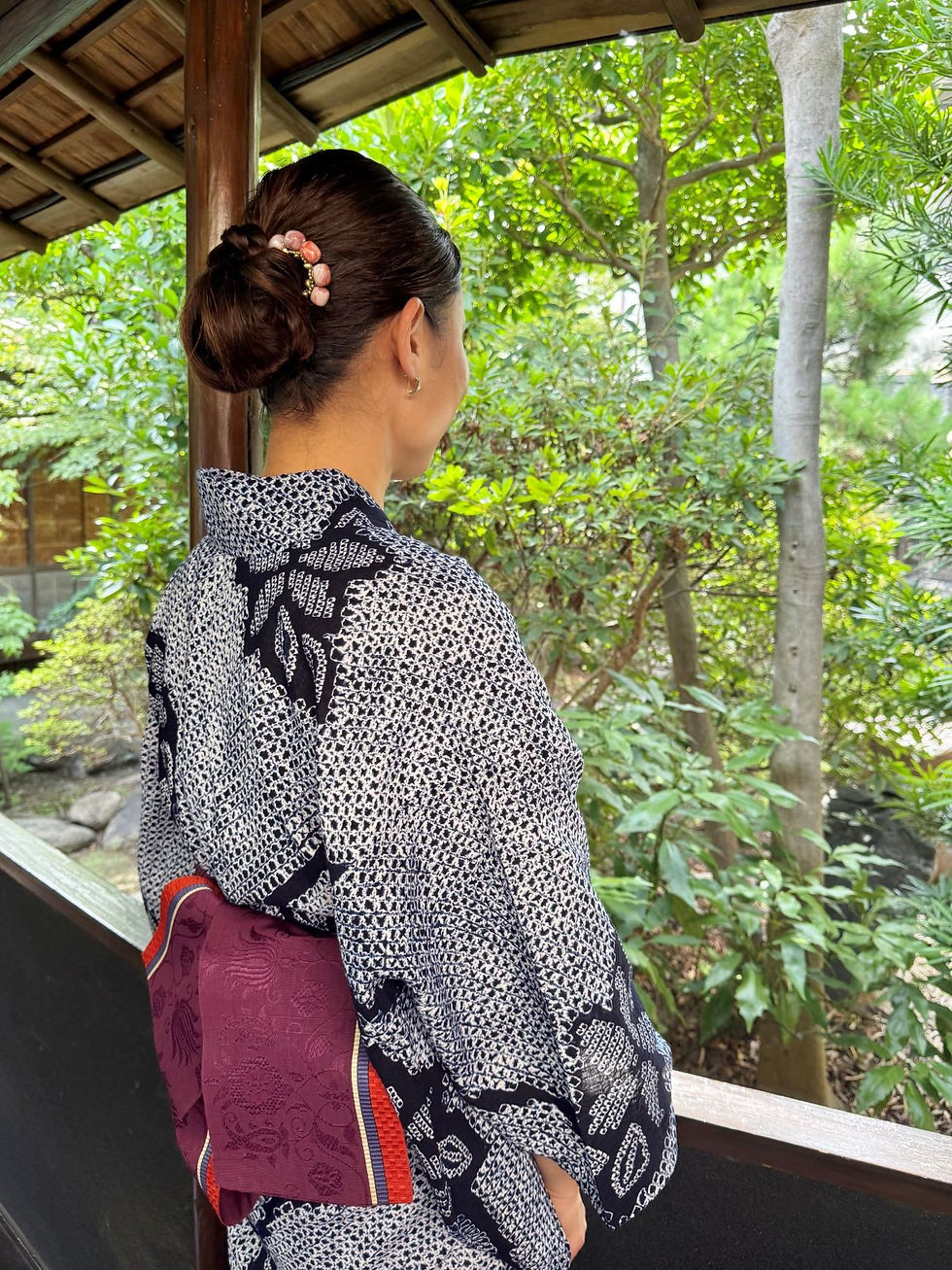 有松絞りの浴衣ヘアー雨花石のかんざし