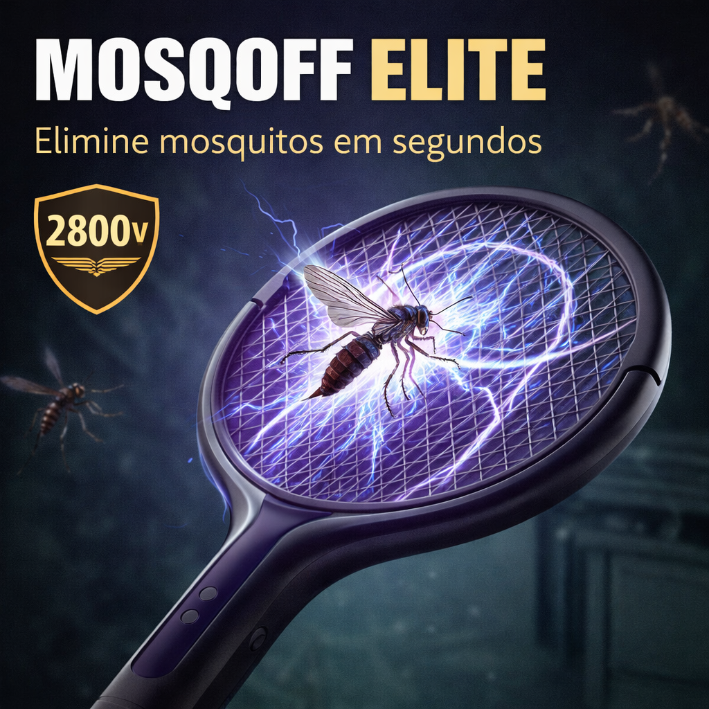 MosqOff Elite Mata Mosquito Elétrico 2800V – Raquete com Luz UVe Cabo Extensível