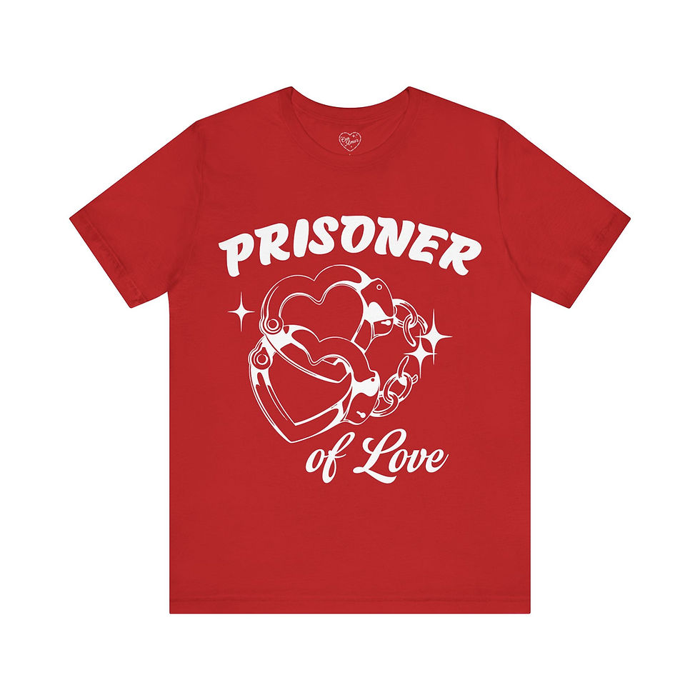 Thumbnail: Red t-shirt with 'PRISONER of Love' text and heart shackles