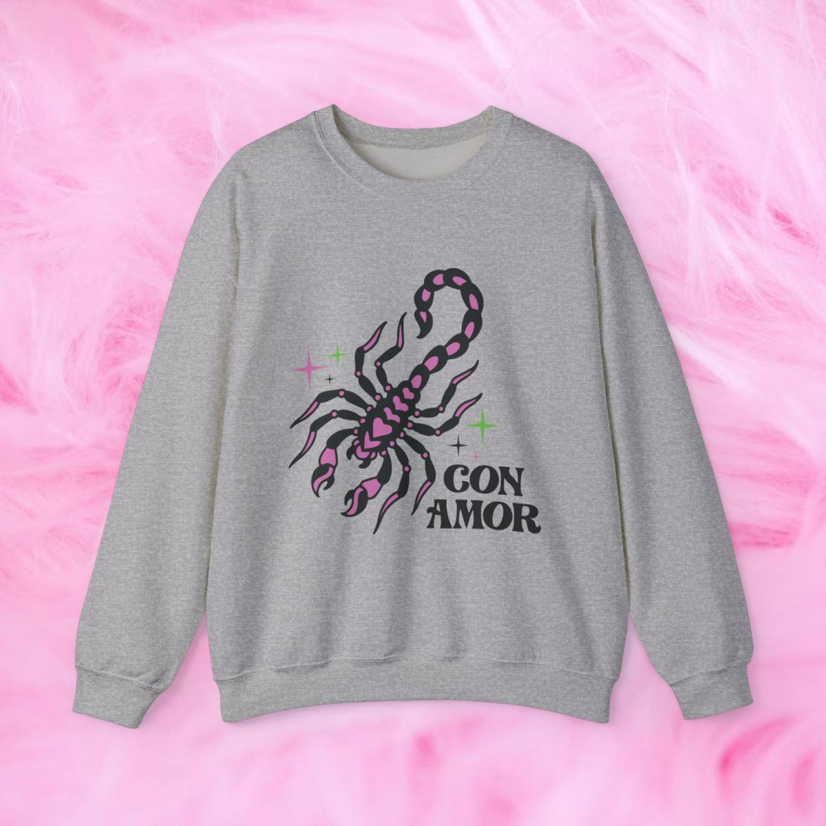 Grey sweatshirt with scorpion and 'CON AMOR'