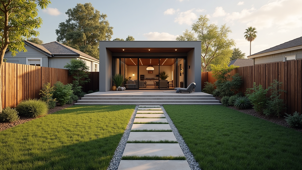 High angle view of a completed ADU with landscaping in a residential backyard