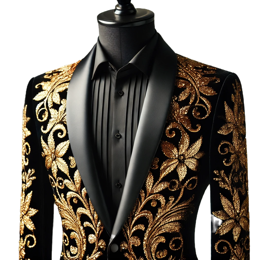 Gold-Accented Black Velvet Tuxedo with Sequins