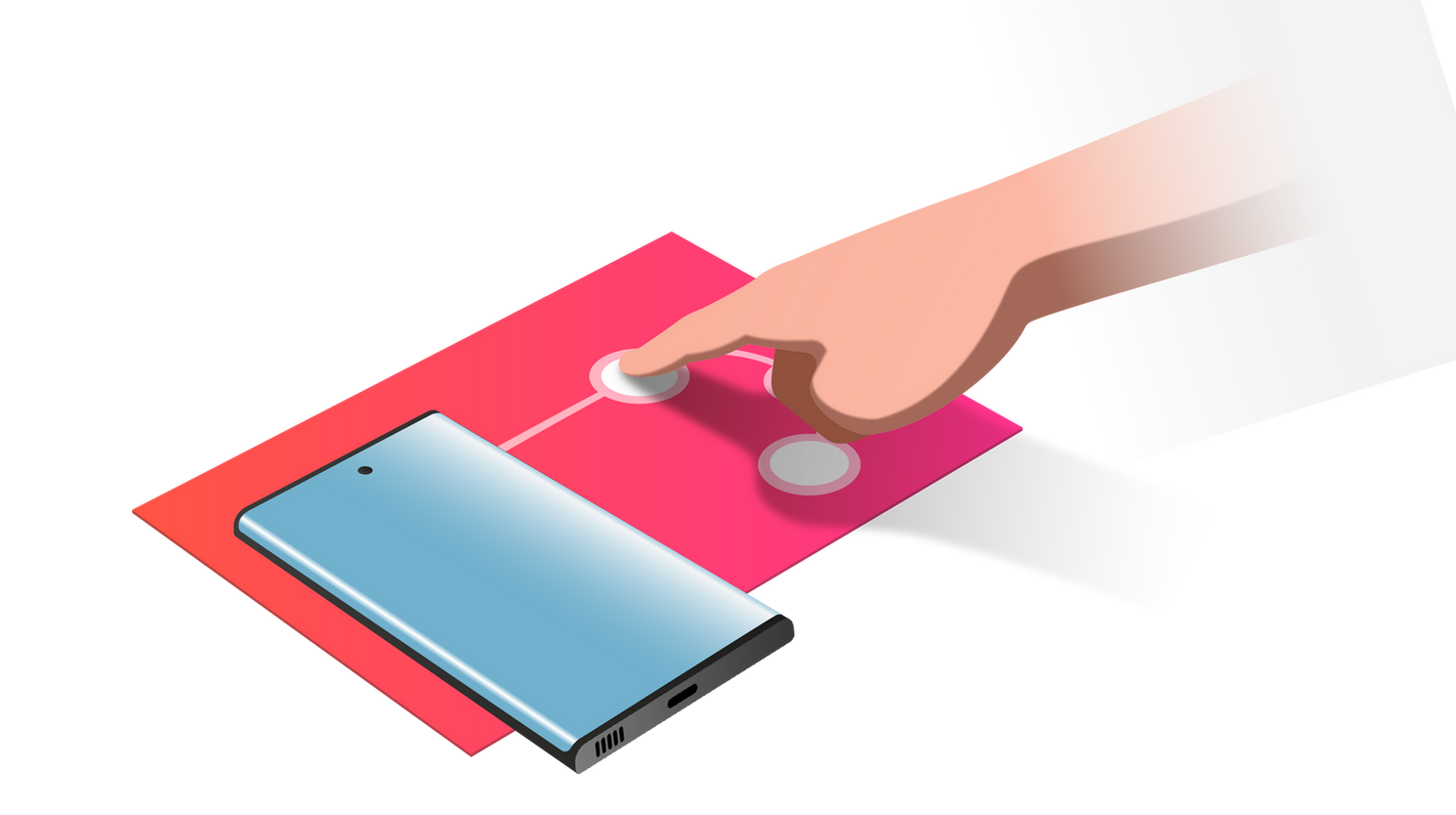 Pressing a button on the interactive paper so the phone reacts.