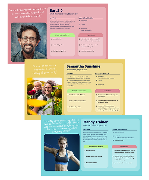 Three personas with their pictures, title, information about what is important to them, their pain points, and what they want more information on.