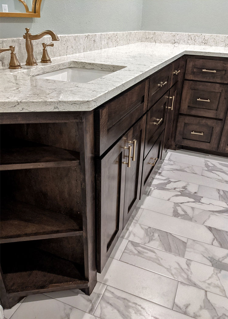 Shaker style custom vanity stained dark walnut with champagne bronze hardware