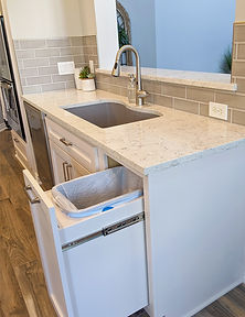 Quartz composite single basin sink gooseneck faucet trash can drawer