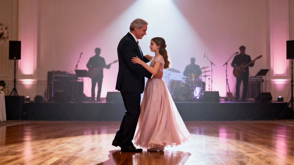 Father and daughter dancing at a wedding reception with a live band behind them