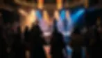 Crowd dancing to live wedding reception music in Austin under stage lights and haze