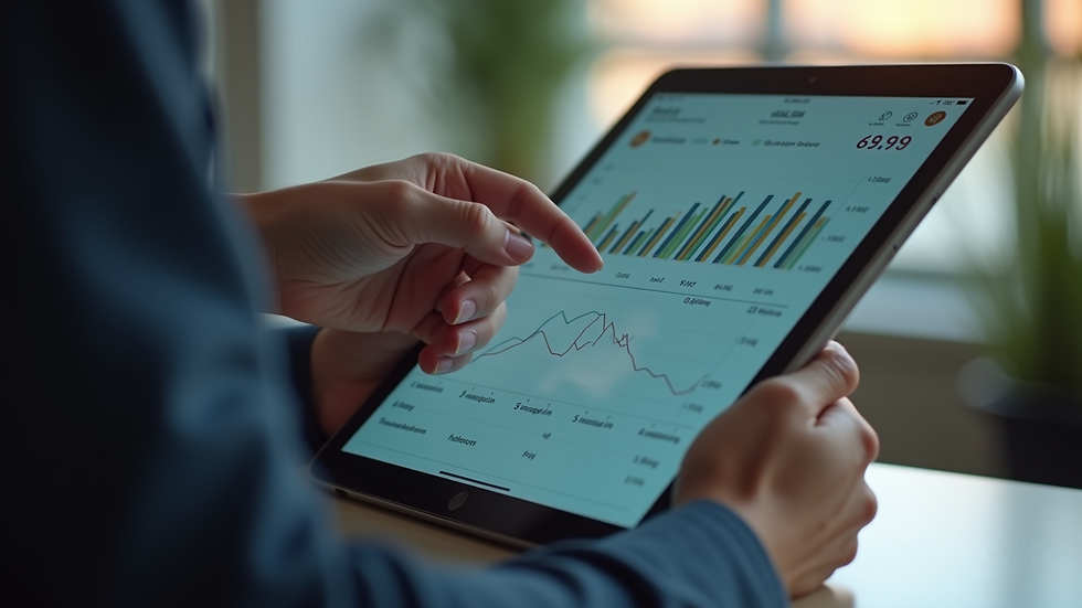 Close-up view of a person using a tablet with financial data