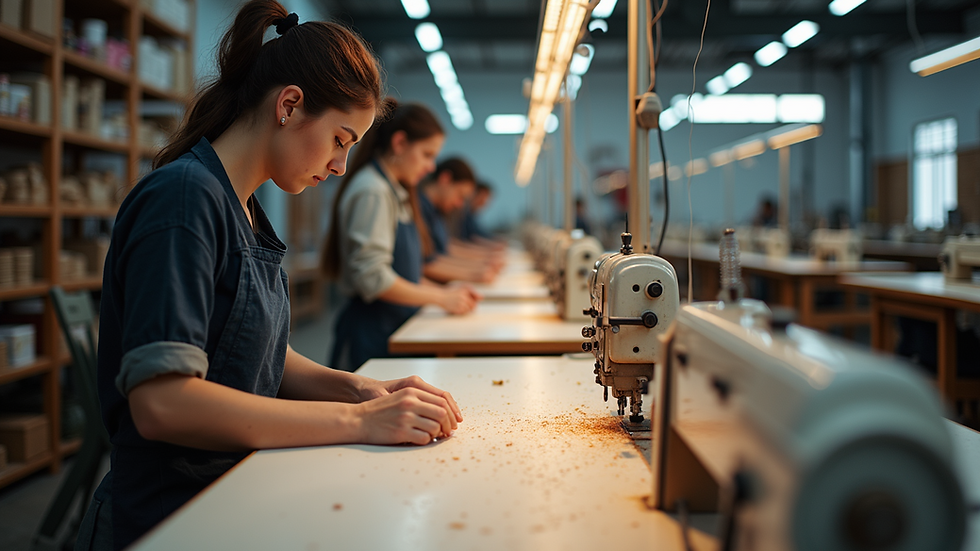 Eye-level view of a textile workshop showcasing skilled artisans at work